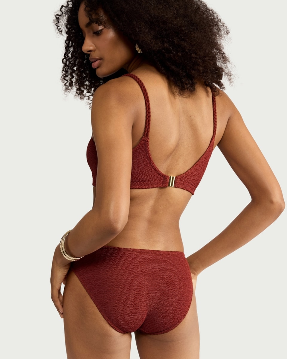 image 1 of F&F Crinkle Textured High Leg Bikini Bottoms in Brick
