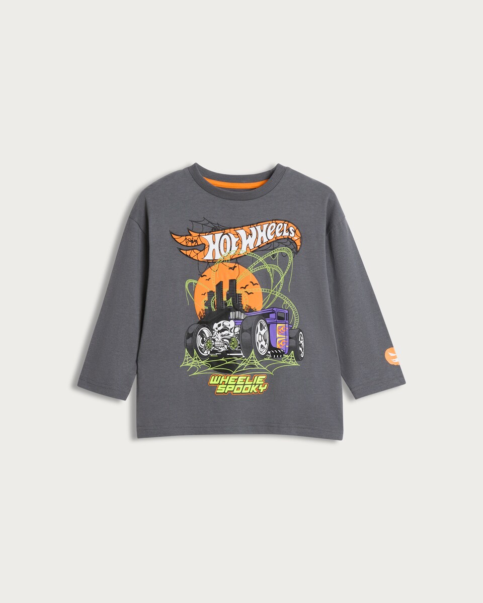 image 1 of Hot Wheels Wheelie Spooky Slogan Pure Cotton Top in Grey