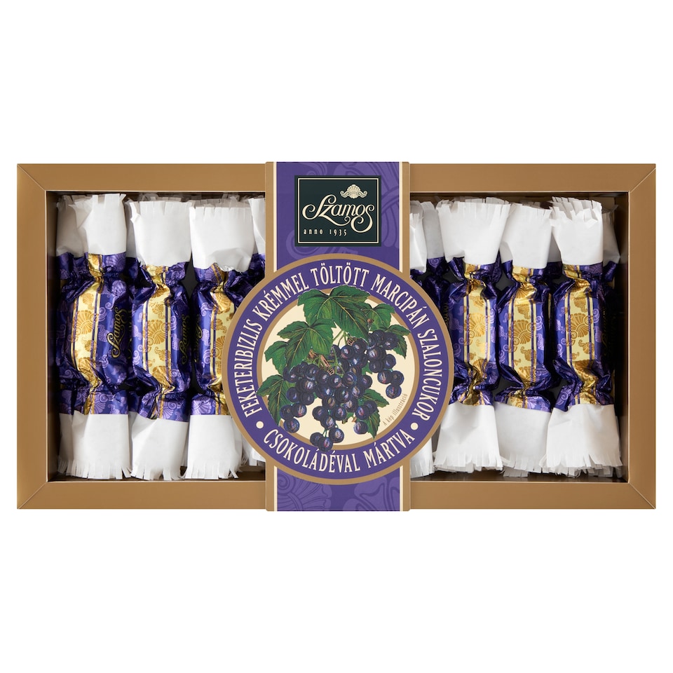 Szamos feketeribizlis krémmel töltött marcipán szaloncukor csokoládéval mártva 250 g