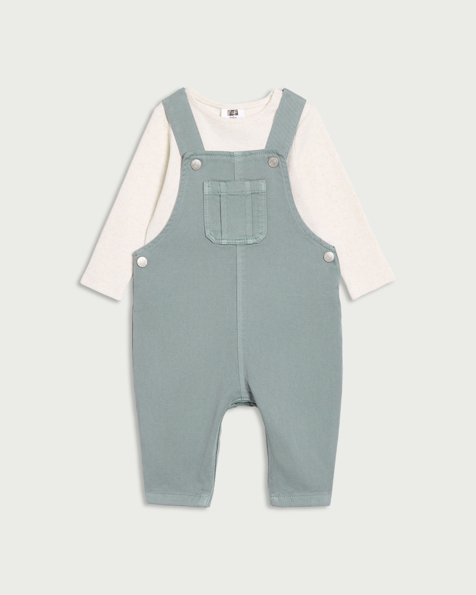 image 1 of F&F Baby 2-Piece Dungaree and Bodysuit Set in Teal