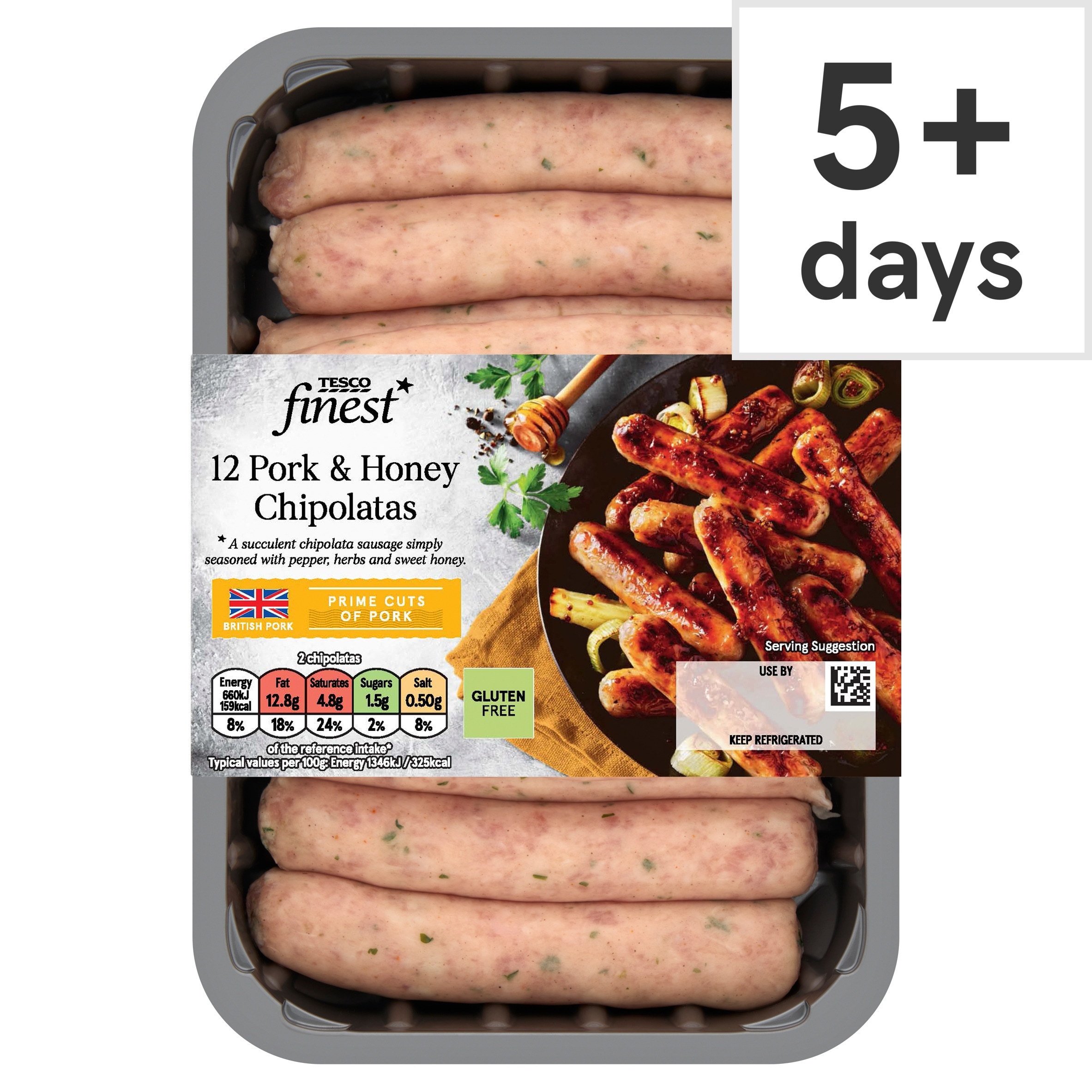 Tesco Finest British 12 Pork & Honey Chipolatas 375G