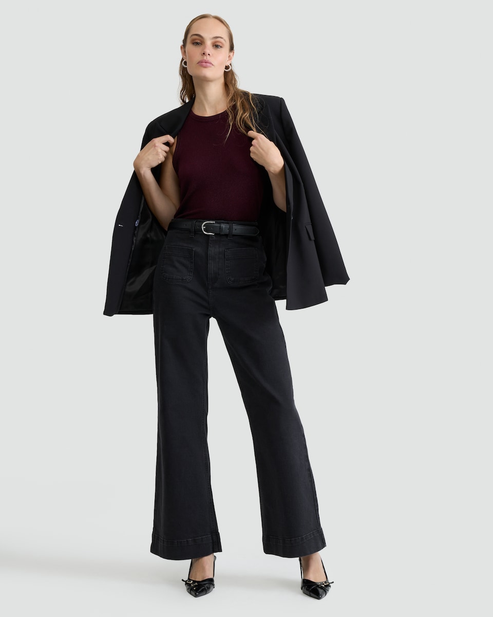 image 1 of F&F Cotton Rich Patch Pocket Flared Jeans in Black