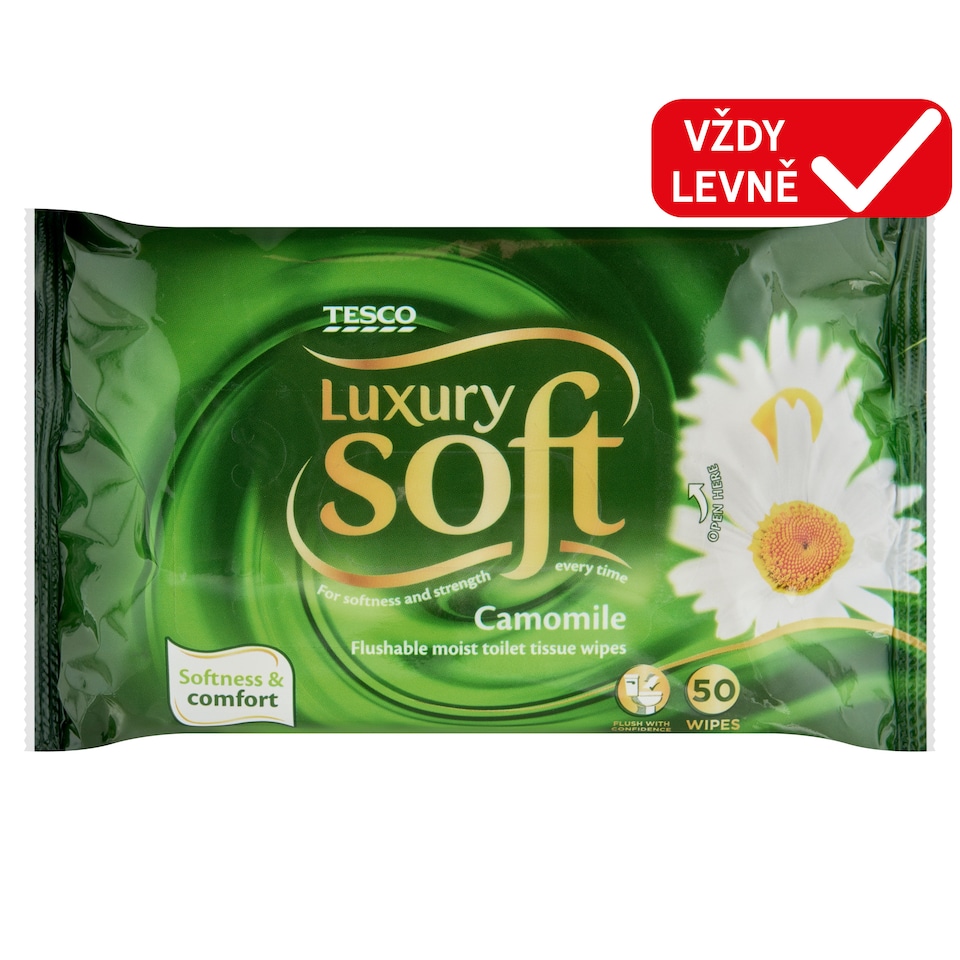 Tesco Soft Luxury Camomile vlhčený toaletní papír s heřmánkem 50 ks