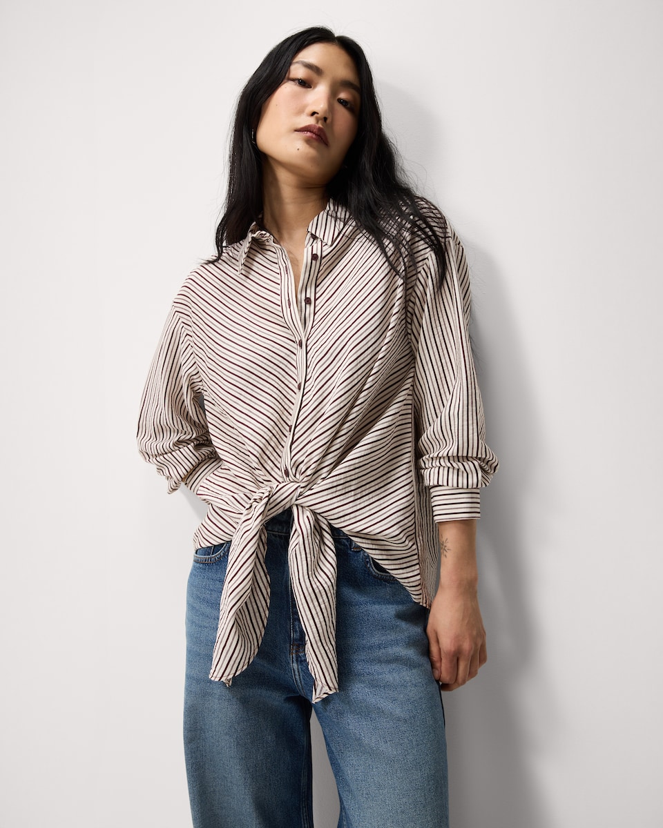 image 1 of F&F Striped Knot Front Shirt in Burgundy