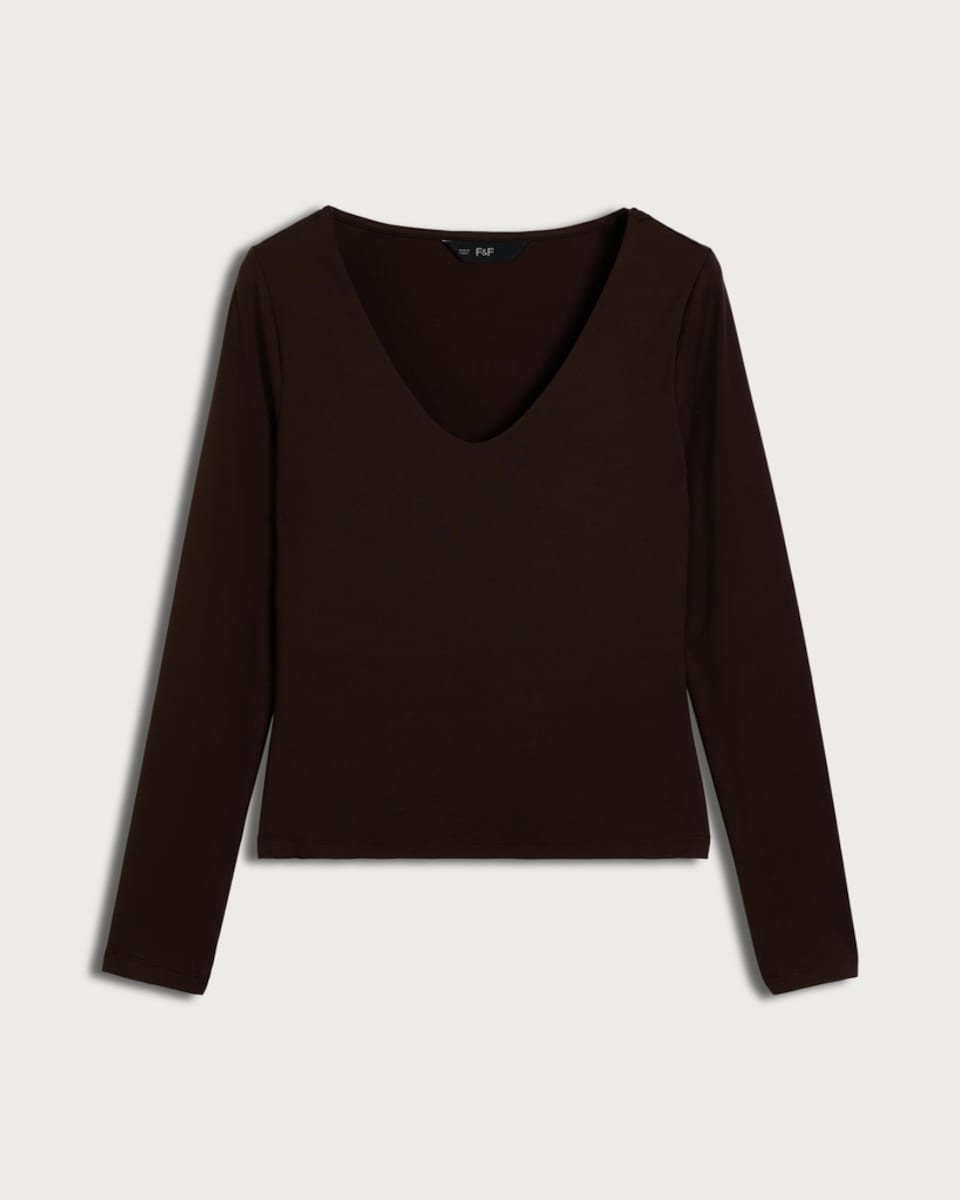 F&F Polyamide V Neck Long Sleeved Top in Chocolate