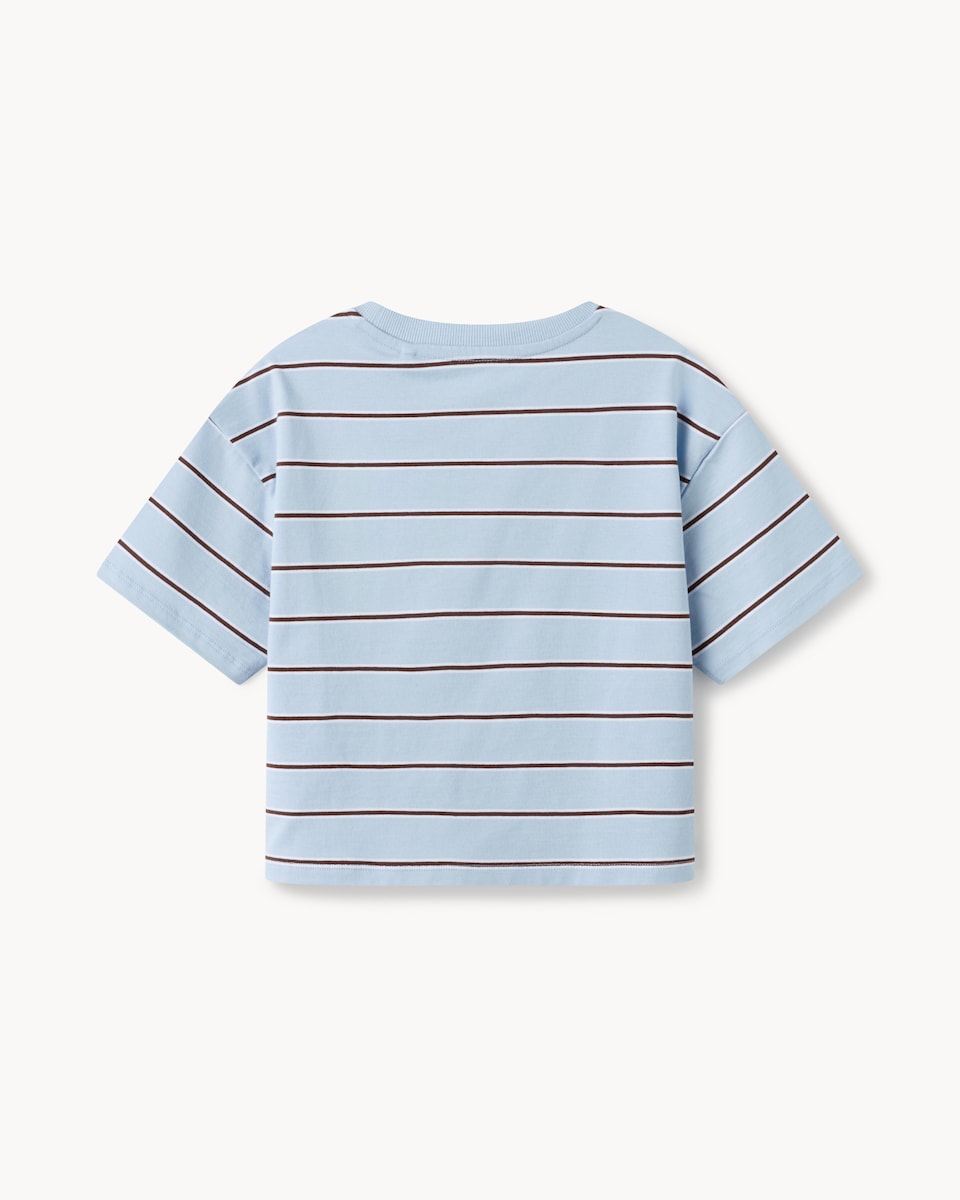 image 1 of F&F Girls Pure Cotton Striped Slogan T-Shirt in Blue