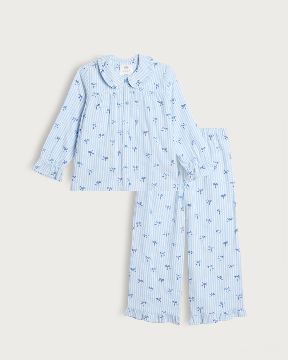 image 1 of F&F Girls Pure Cotton Bow Stripe Print Pyjama Set in Blue Multi