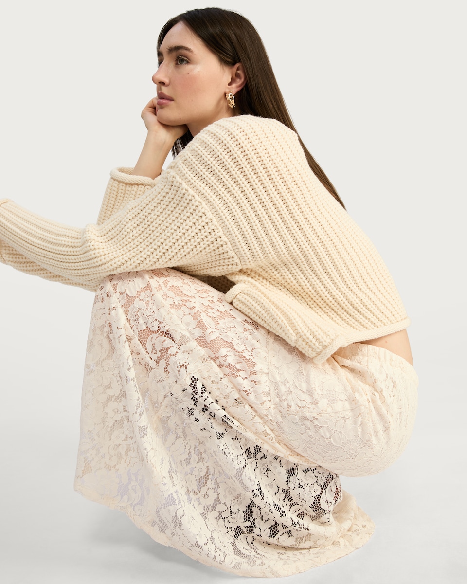 image 1 of F&F Tiered Lace Midi Skirt in Cream