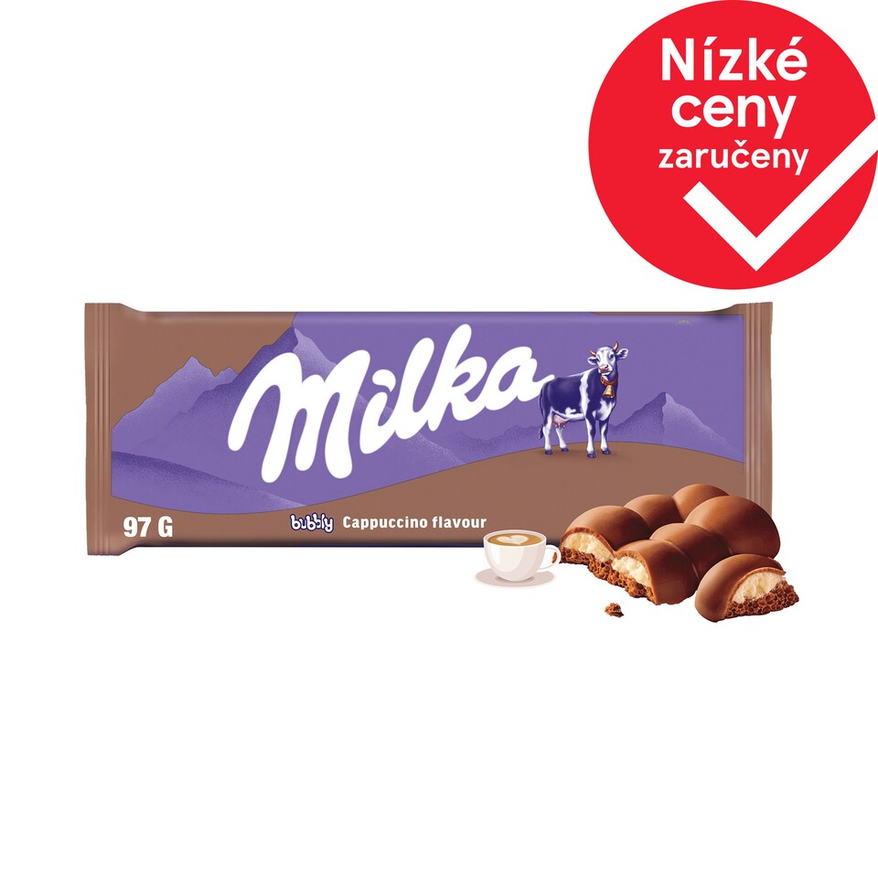 Milka čokoláda Bubbly mléčná z alpského mléka s náplní s příchutí Cappuccino, s bublinkami 97g