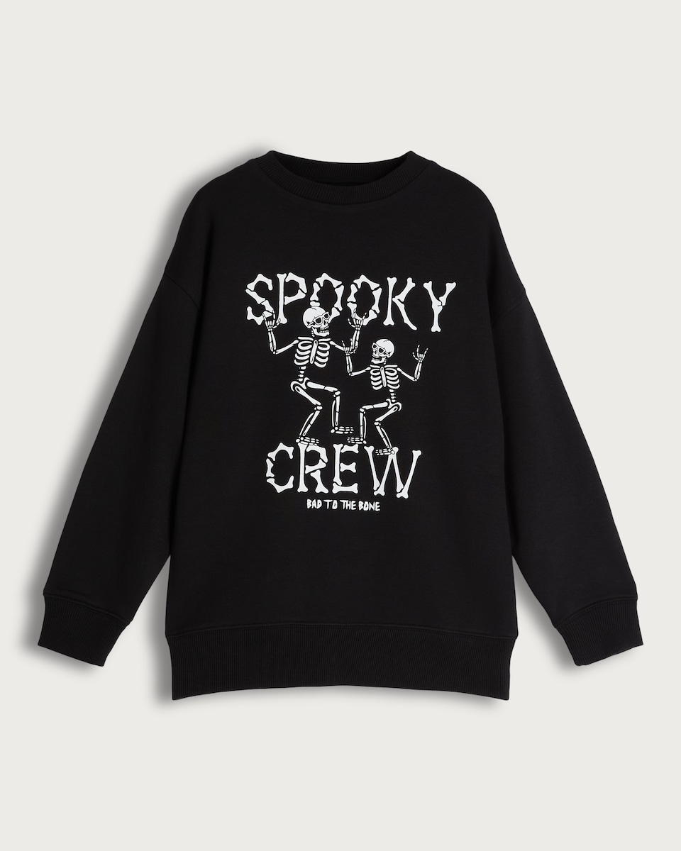 image 1 of F&F Boys Cotton Rich Spooky Crew Skeleton Print Sweatshirt in Multi