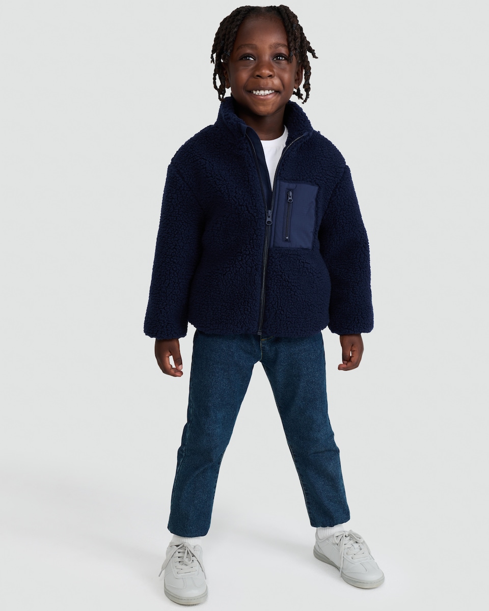 image 1 of F&F Boys Fleece Pocket Front Zip Up Jacket in Navy