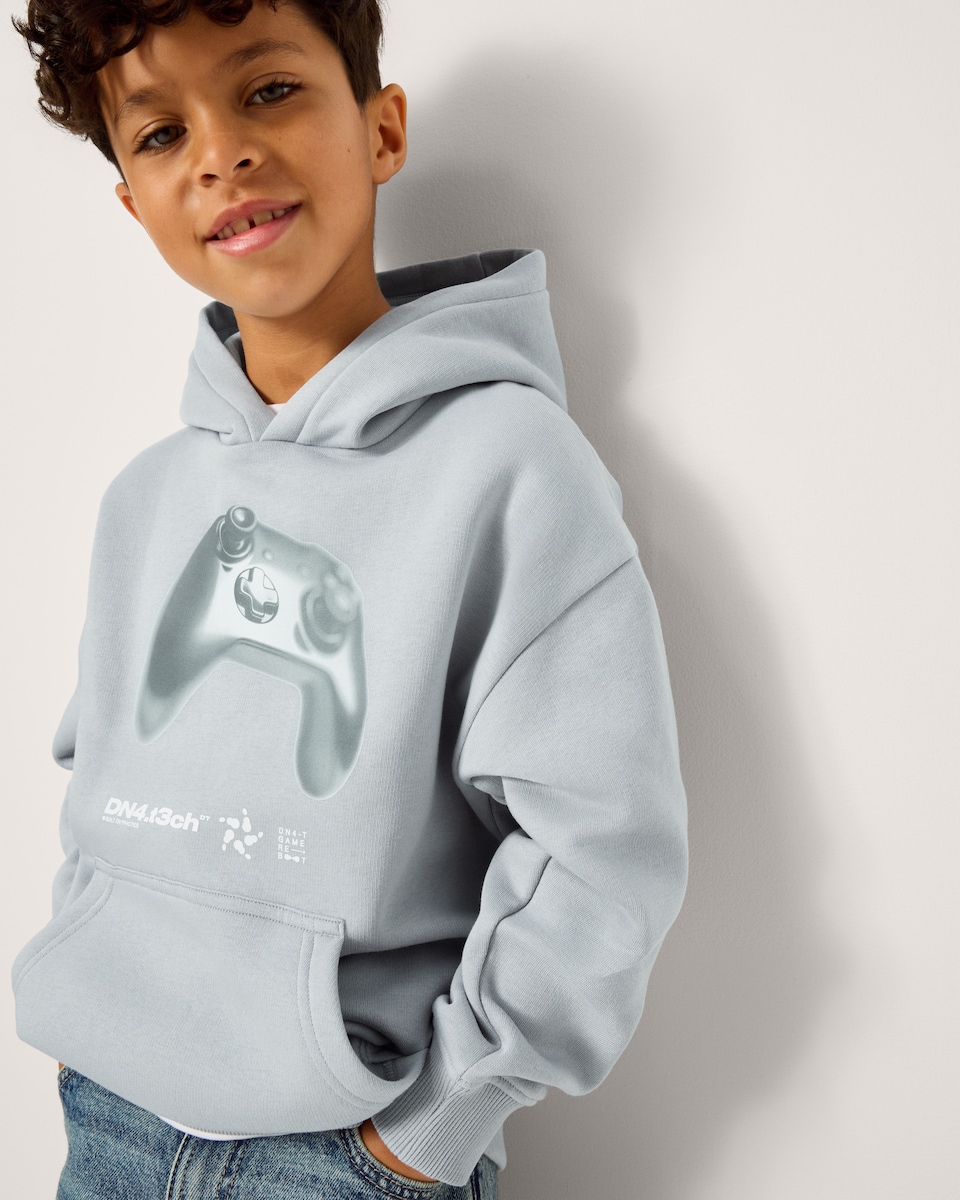 image 1 of F&F Boys Cotton Rich Gaming Print Hoodie in Grey