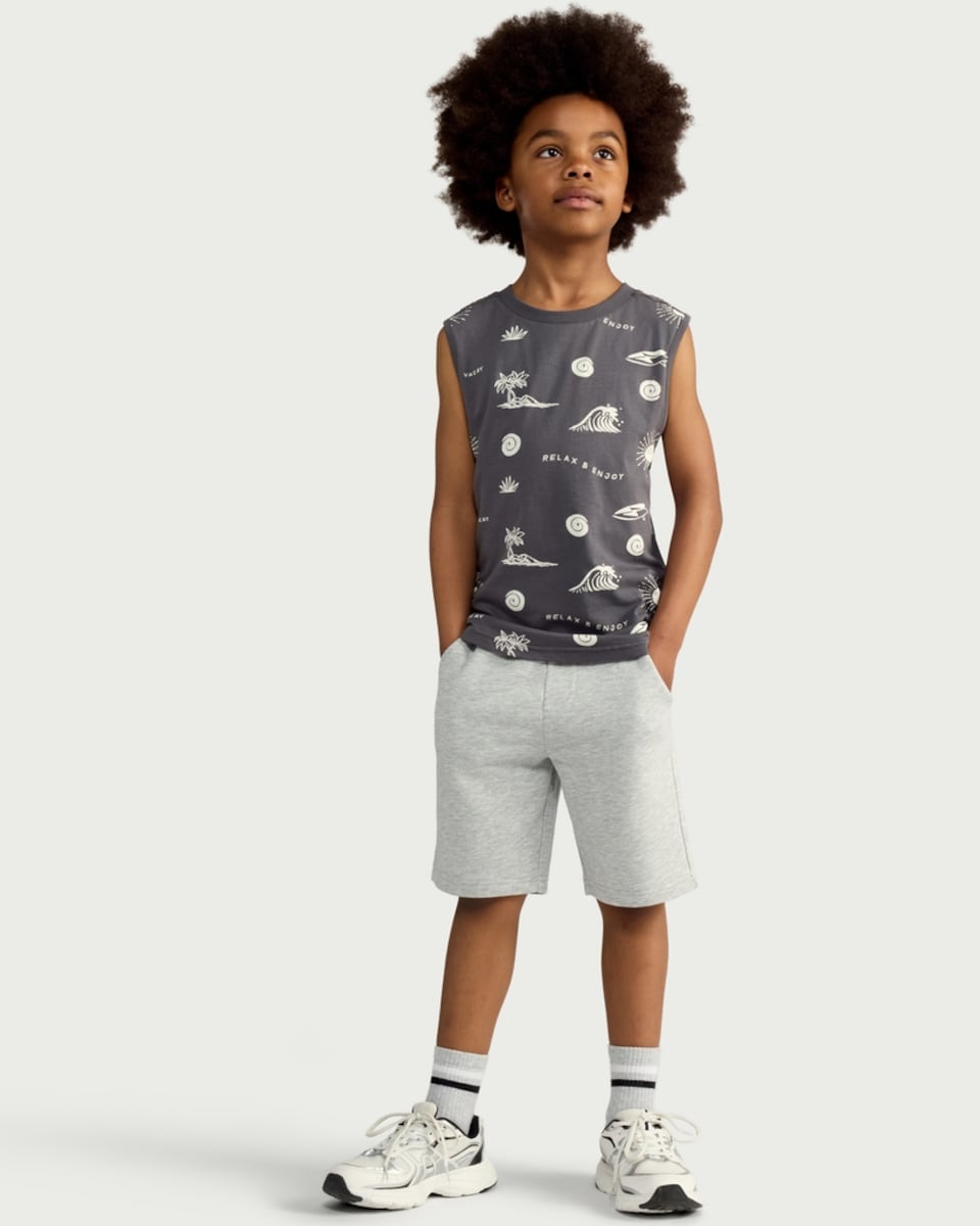 image 1 of F&F Boys Pure Cotton Printed Oversized Fit Vest in Grey