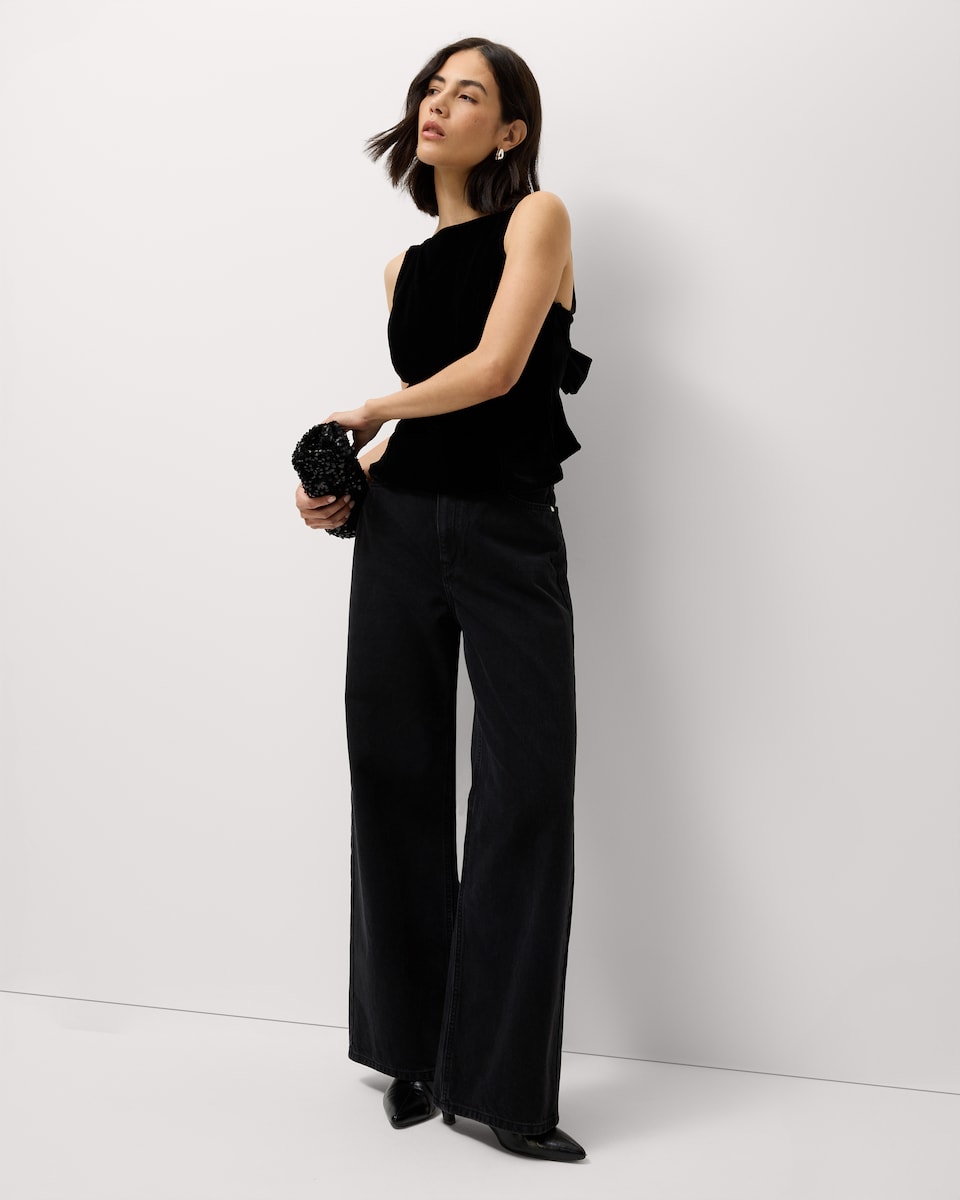 image 1 of F&F Velvet Square Neck Bow Top in Black