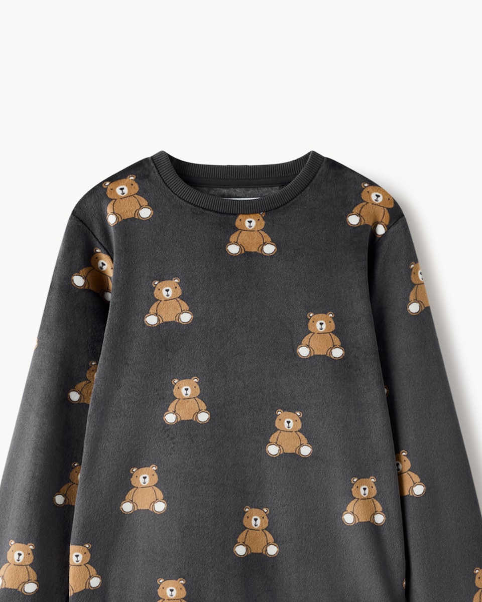 image 1 of F&F Minky Fleece Teddy Bear Pyjama Set in Grey