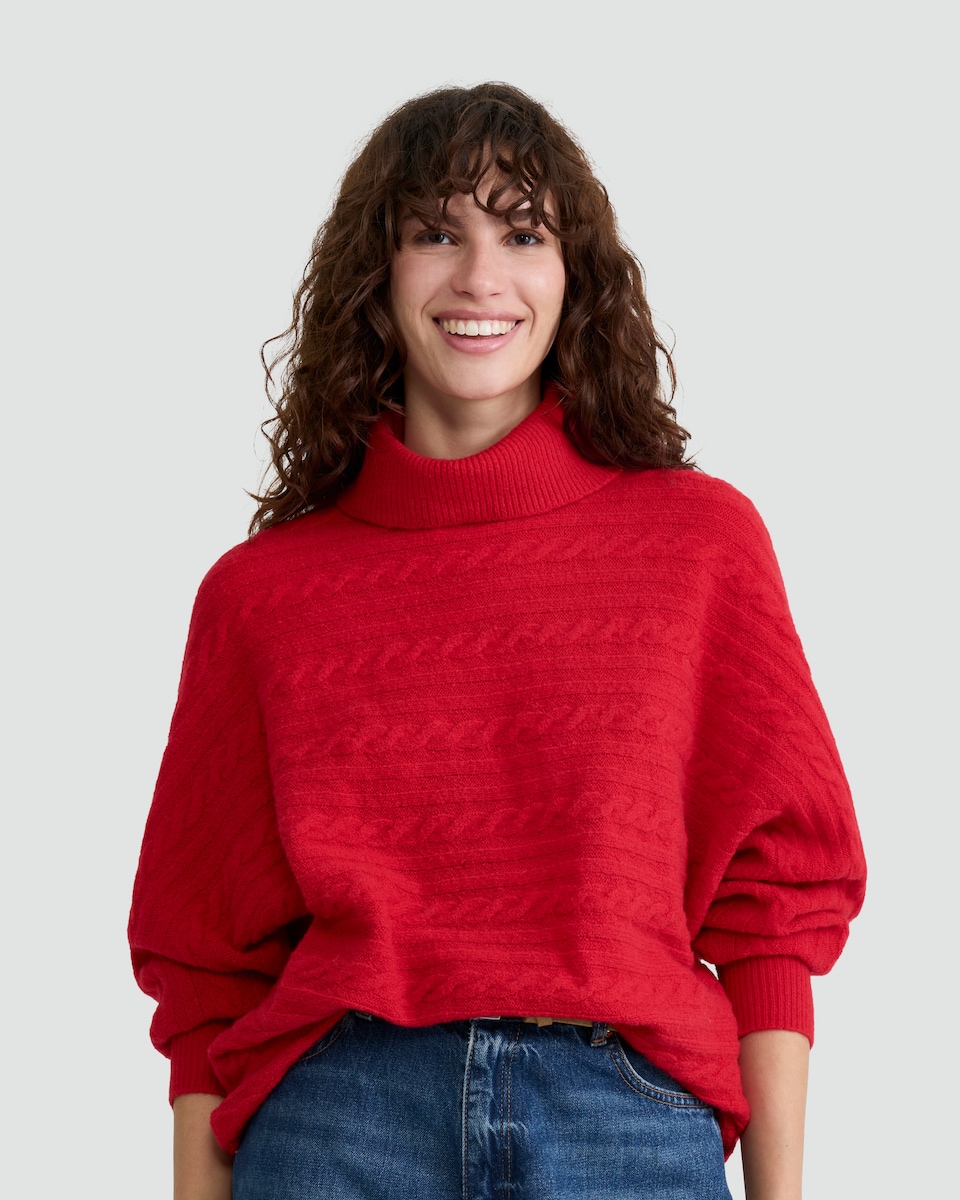 image 1 of F&F Cable Knit Roll Neck Batwing Jumper with Wool in Red