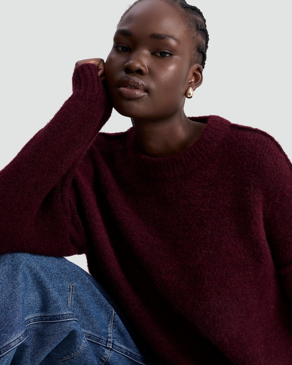 image 1 of The F&F Edit Ribbed Crew Neck Jumper with Wool in Burgundy