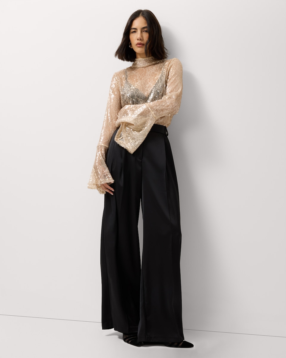 image 1 of F&F Sequin Lace High Neck Blouse in Neutral