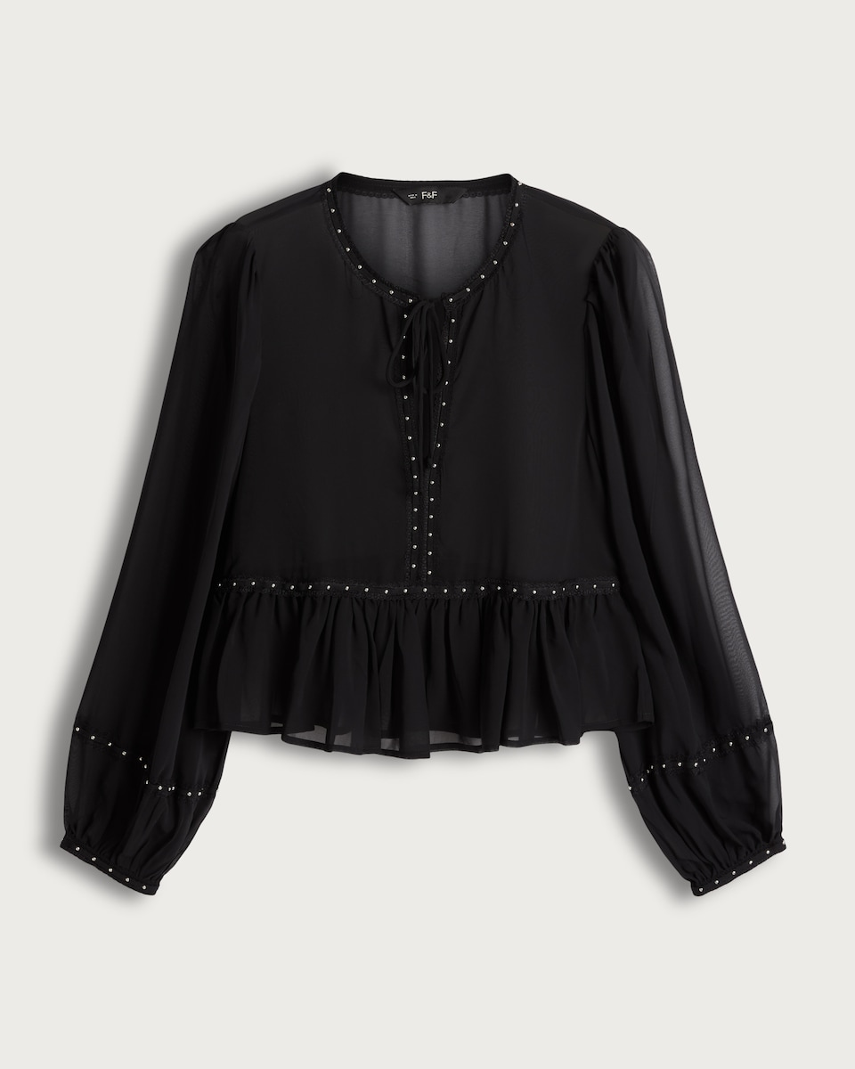 image 1 of F&F Chiffon Studded Peplum Blouse in Black