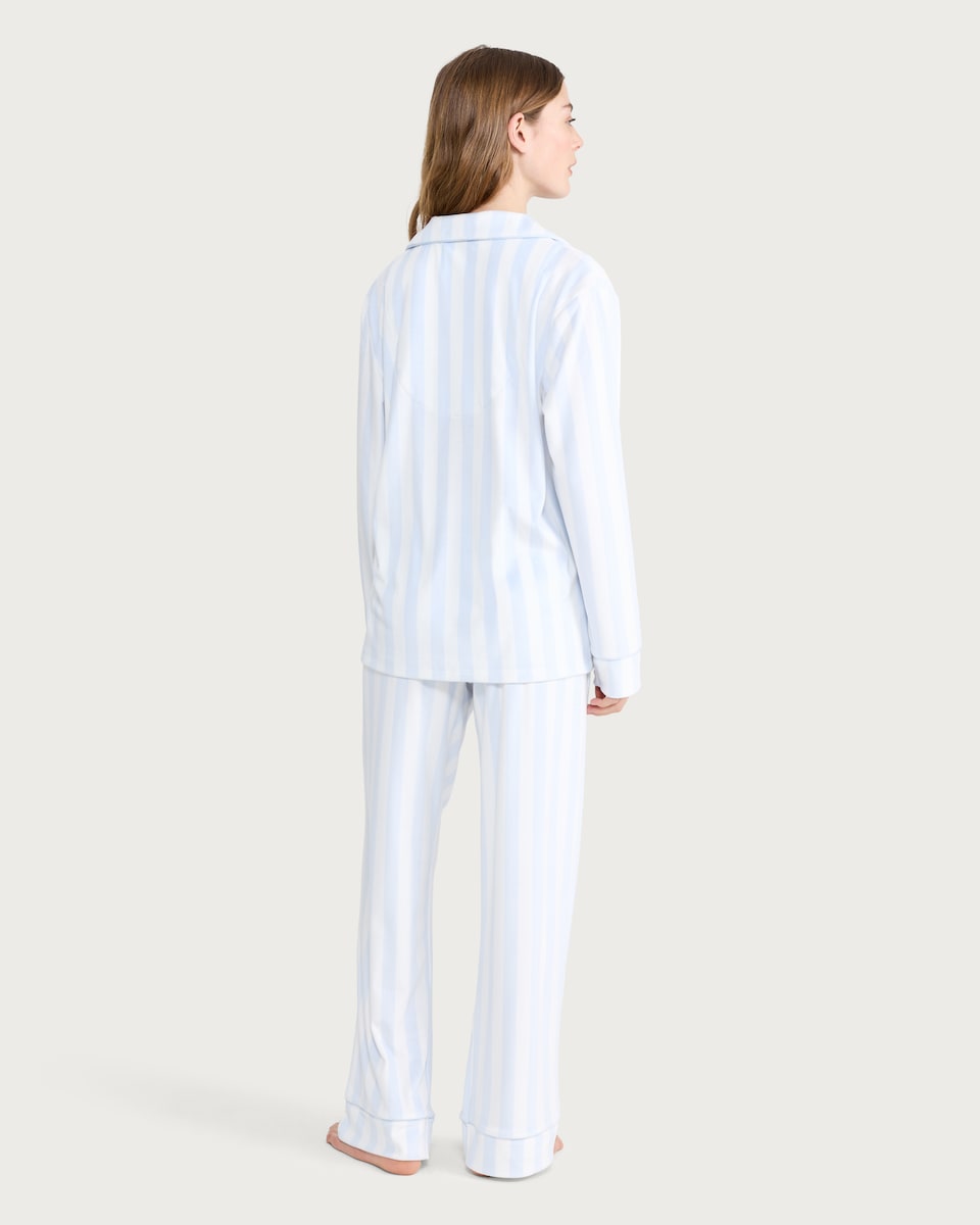 image 1 of F&F Fleece Striped Shirt and Bottoms Pyjama Set in Blue