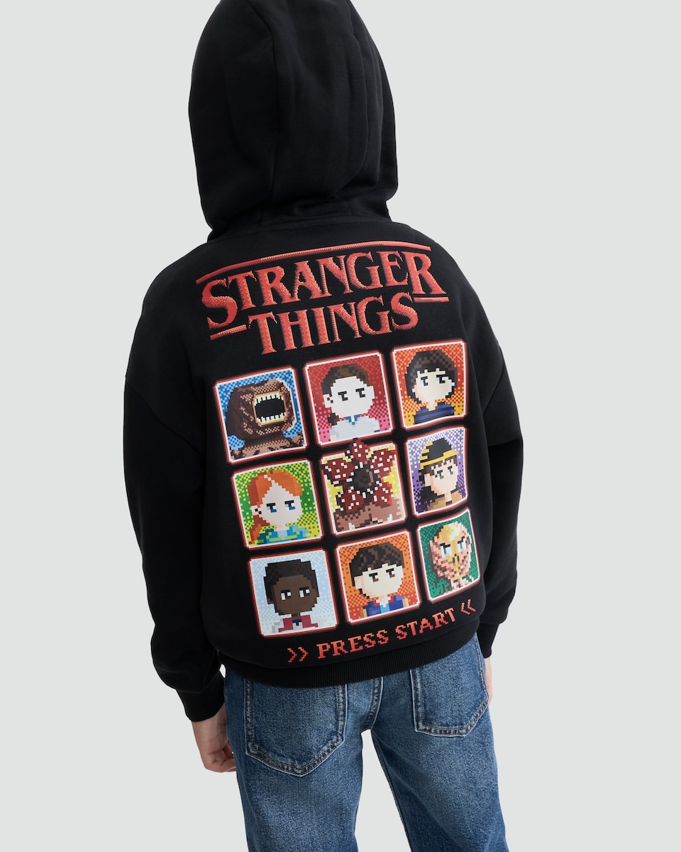 image 1 of Stranger Things Cotton Rich Hoodie in Black