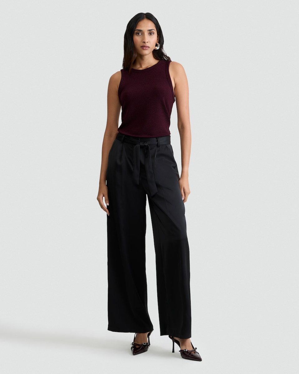 image 1 of F&F Lurex Ribbed Crew Neck Racer Vest in Burgundy