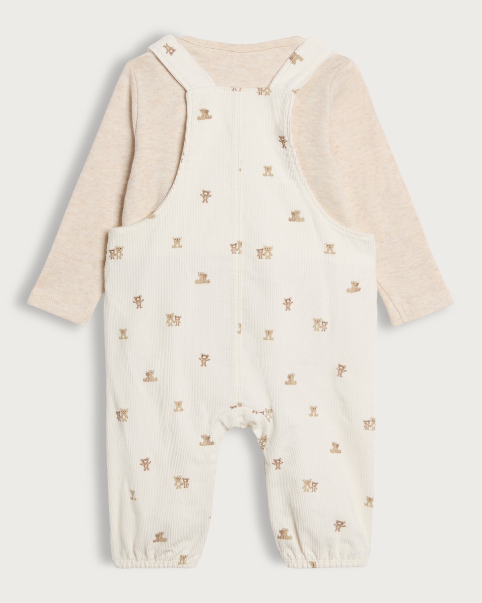 image 1 of F&F Baby 2-Piece Cotton Rich Corduroy Teddy Bear Dungaree and Bodysuit Set in White