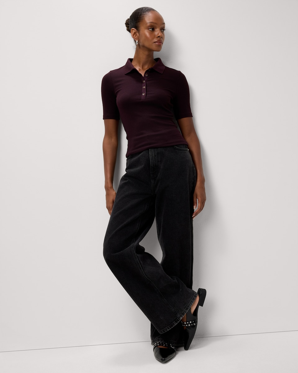 image 1 of F&F Ribbed Short Sleeved Polo Top in Brown