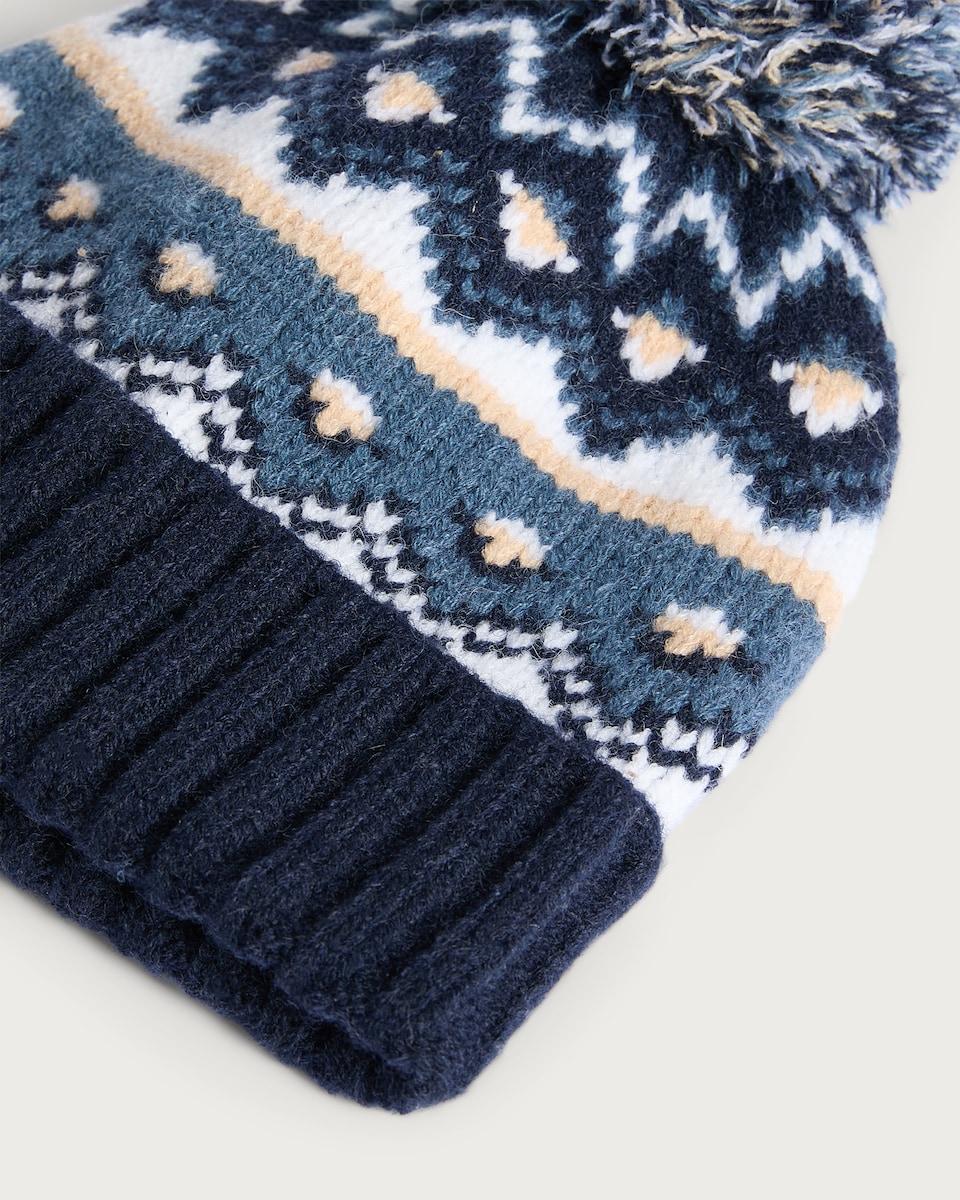 image 1 of F&F Baby Knitted Fair Isle Pattern Pom Pom Beanie Hat in Navy