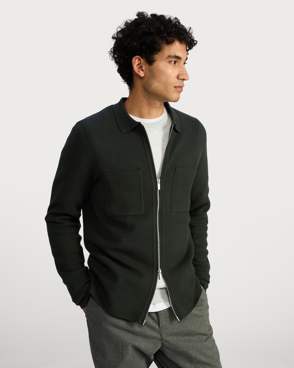 image 1 of The F&F Edit Knitted Pocket Front Zip Up Collared Jacket in Khaki