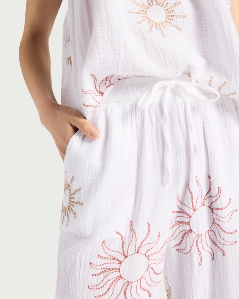 image 1 of F&F Pure Cotton Sun Embroidered Drawstring Pyjama Bottoms in Cream