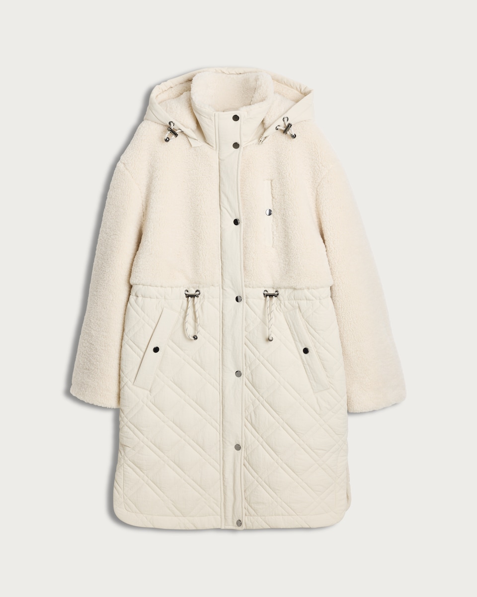 image 1 of F&F Active OUTDOOR Quilted Borg Panel Longline Coat in Cream