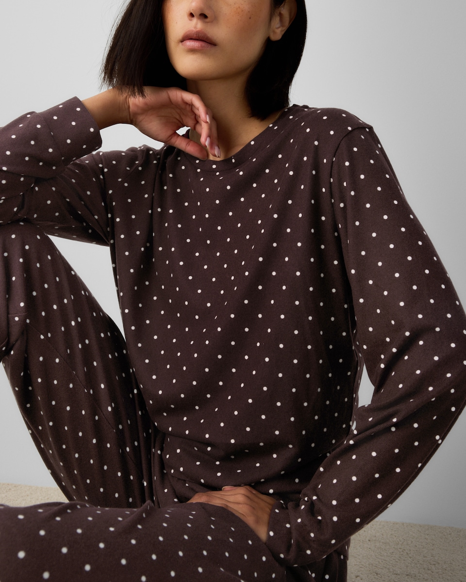 image 1 of F&F Brushed Polka Dot Pyjama Set in Burgundy