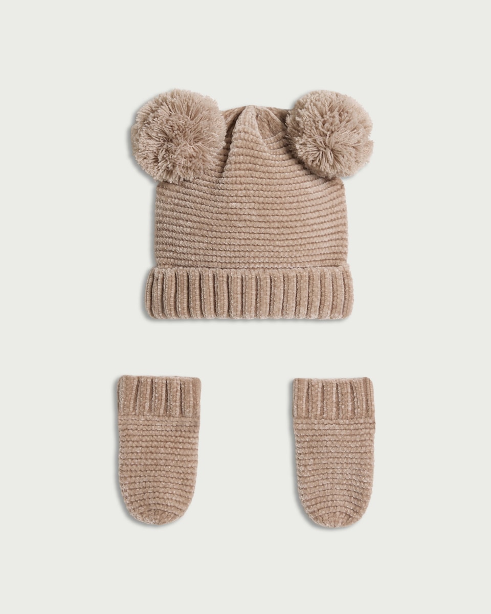 F&F Baby Knitted Pom Pom Hat and Mittens Set in Neutral