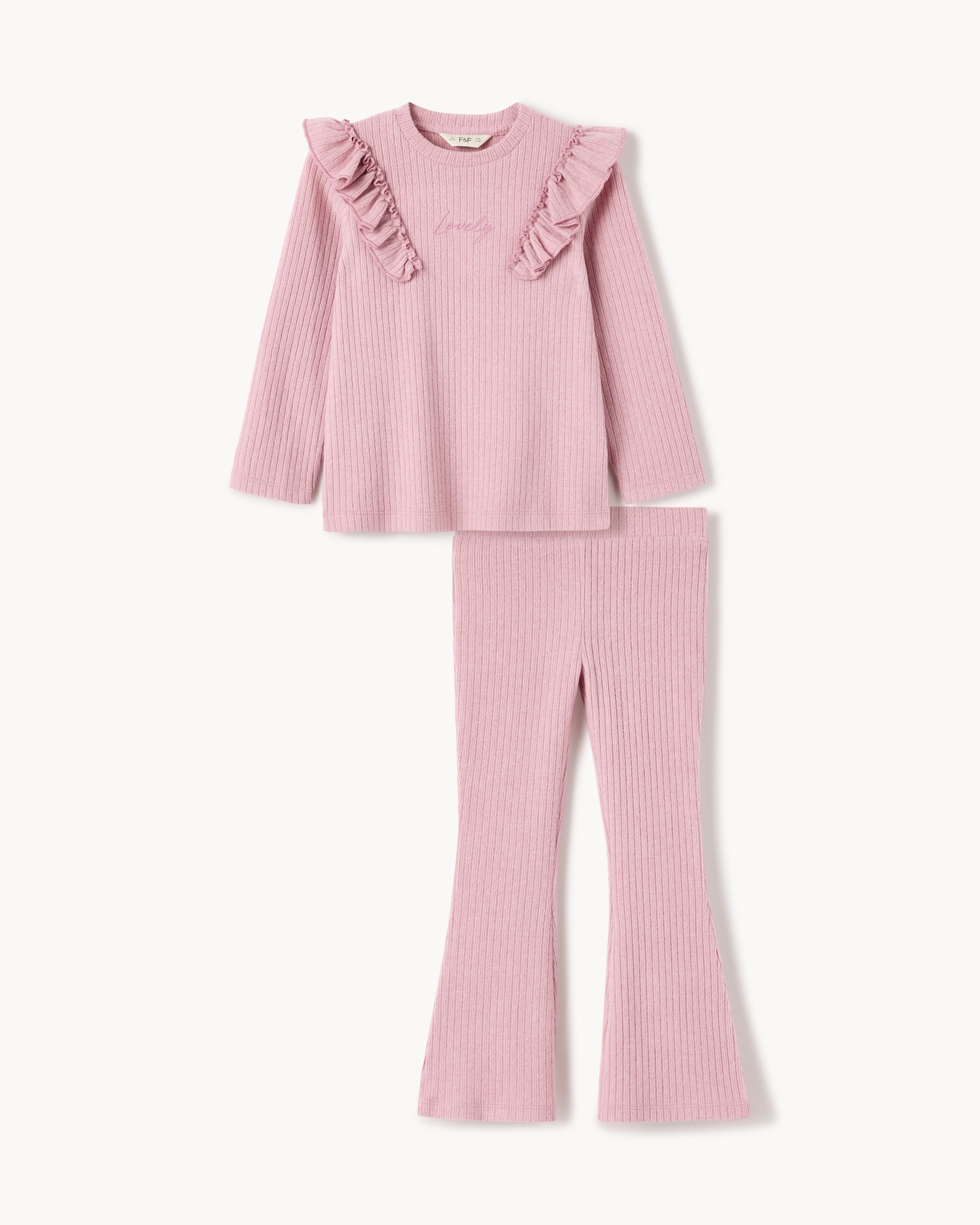 F&F Girls Ribbed Top and Flared Leggings Set in Pink