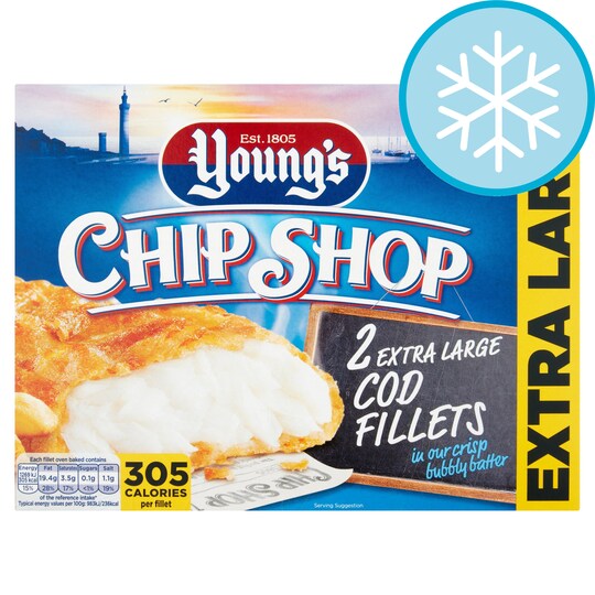 Youngs Chip Shop 2 Extra Large Cod Fillets In Batter 300G Tesco Groceries