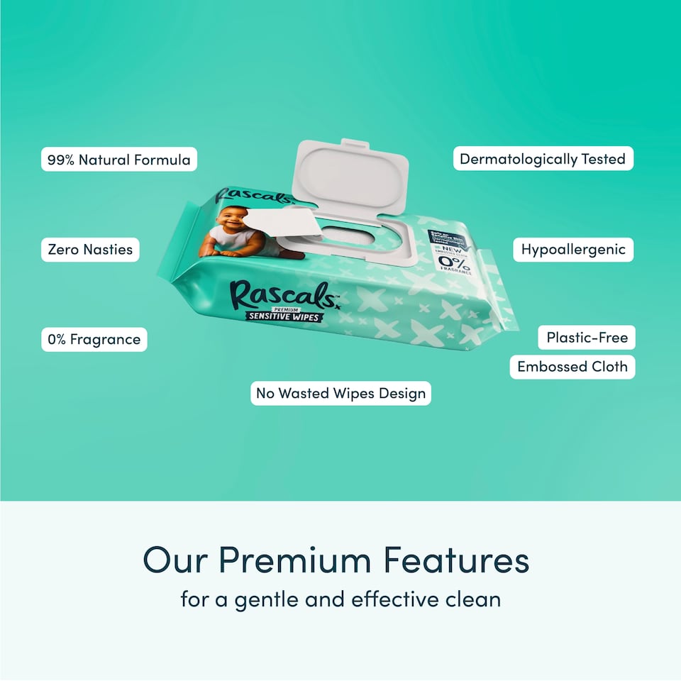 image 1 of Rascals Premium Sensitive Wipes, Biodegradable | 12 x 52 (624) Baby Wipes