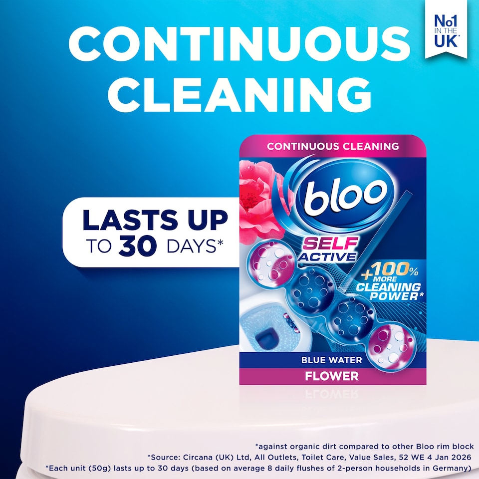 image 1 of Bloo Self Active Flowers Blue Water Toilet Rim Blocks 2 x 50g