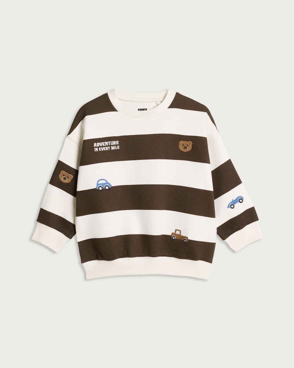 image 1 of F&F Boys Cotton Rich Striped Embroidered Sweatshirt in Brown