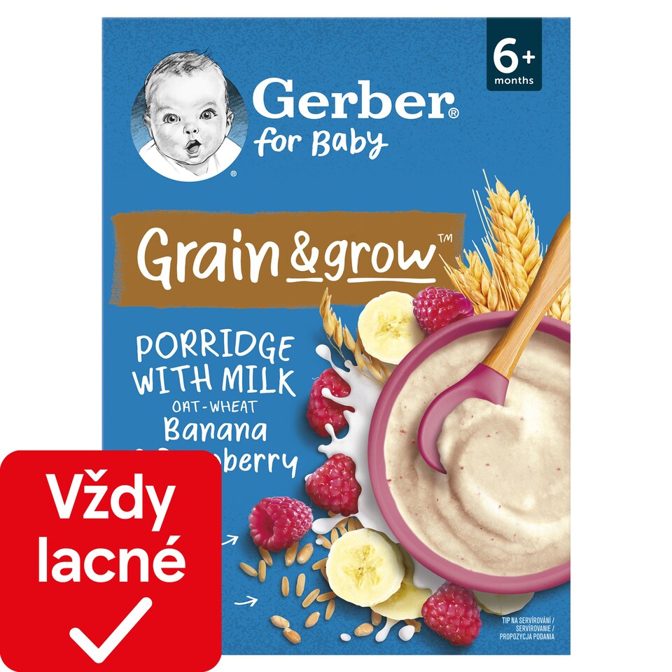 GERBER Mliečna kaša pšenično-ovsená banán a malina 200 g
