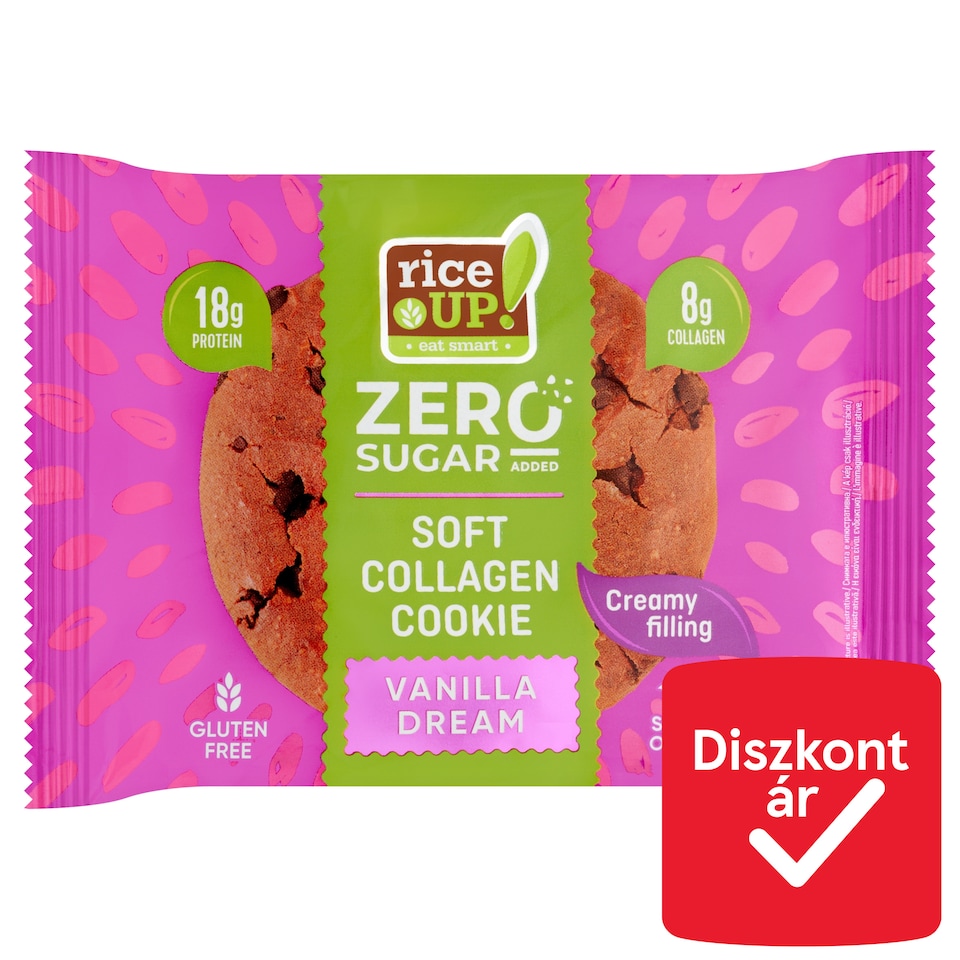 RiceUp! Zero kollagénes fehérje keksz vanília ízű töltelékkel hozzáadott cukor nélkül 60 g   1. kép