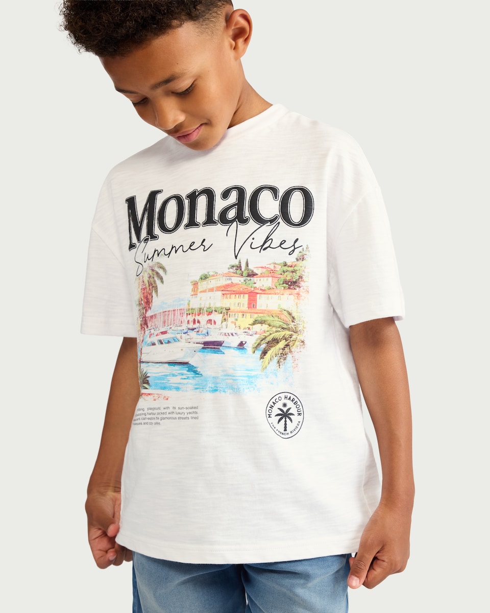 image 1 of F&F Boys Pure Cotton Monaco Oversized Fit T-Shirt in White
