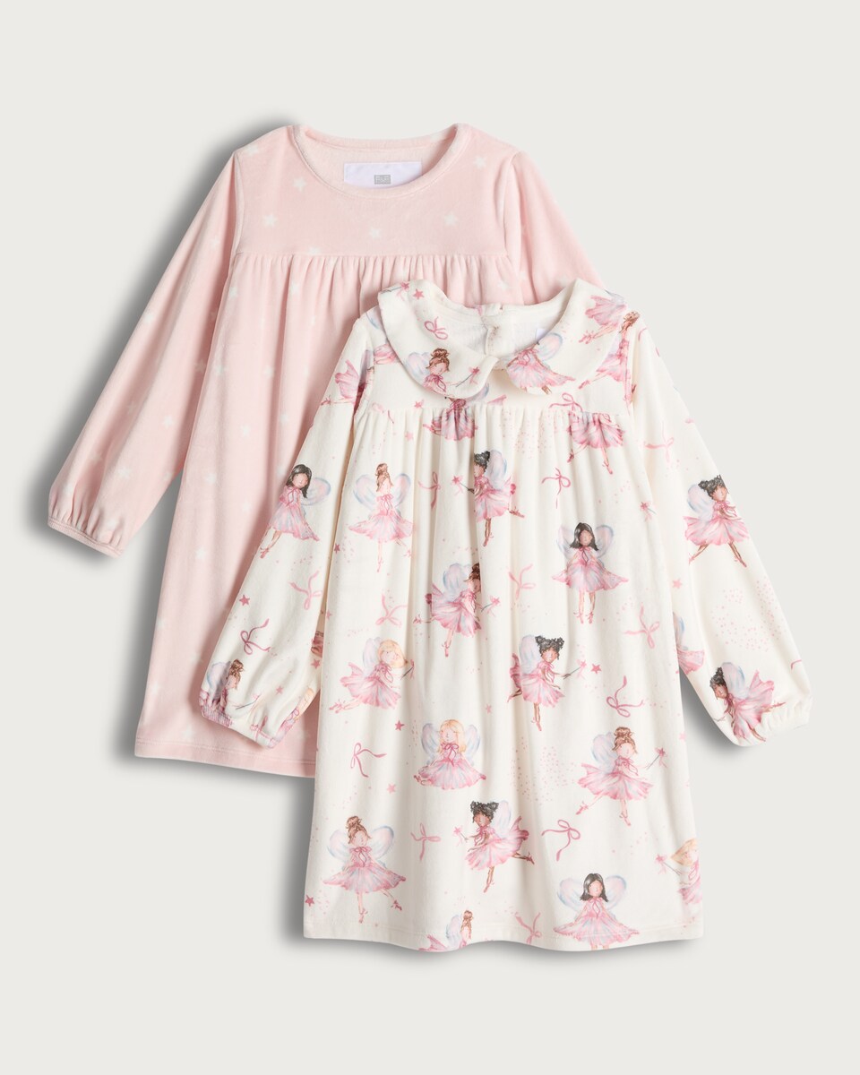 image 1 of F&F Girls 2-Pack Minky Fairy Print Nighties in Light Nude