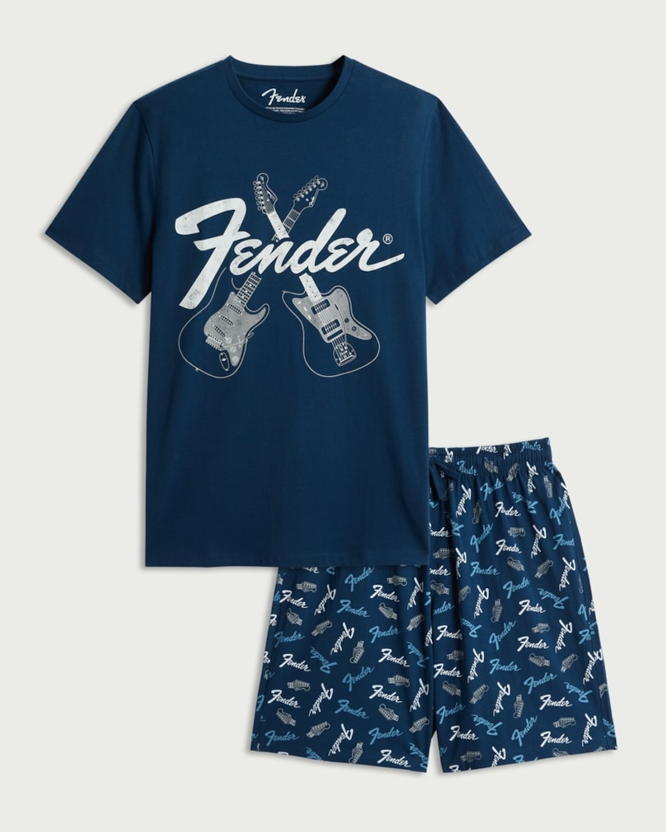 image 1 of Fender Pure Cotton Guitar Print Shorts Pyjama Set in Navy