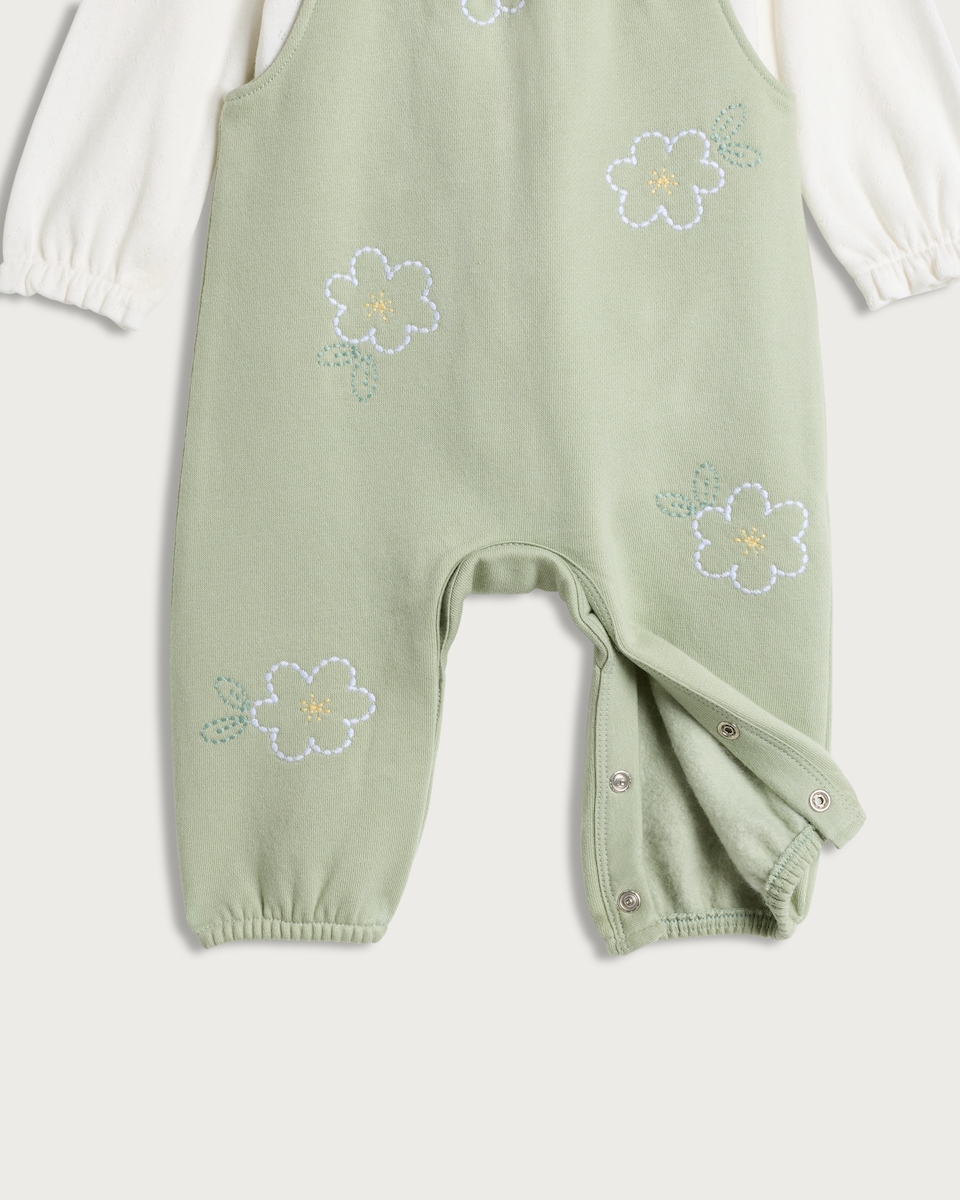 image 1 of F&F Baby 2-Piece Cotton Rich Floral Embroidered Dungarees and Bodysuit Set in Green