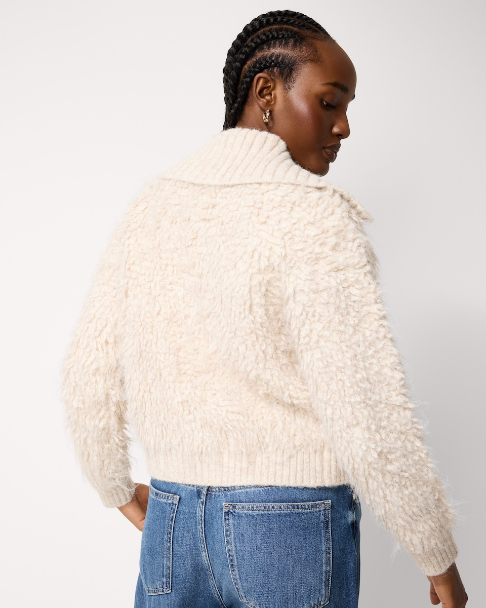 image 1 of F&F Shaggy Textured Zip Up Cardigan in Cream
