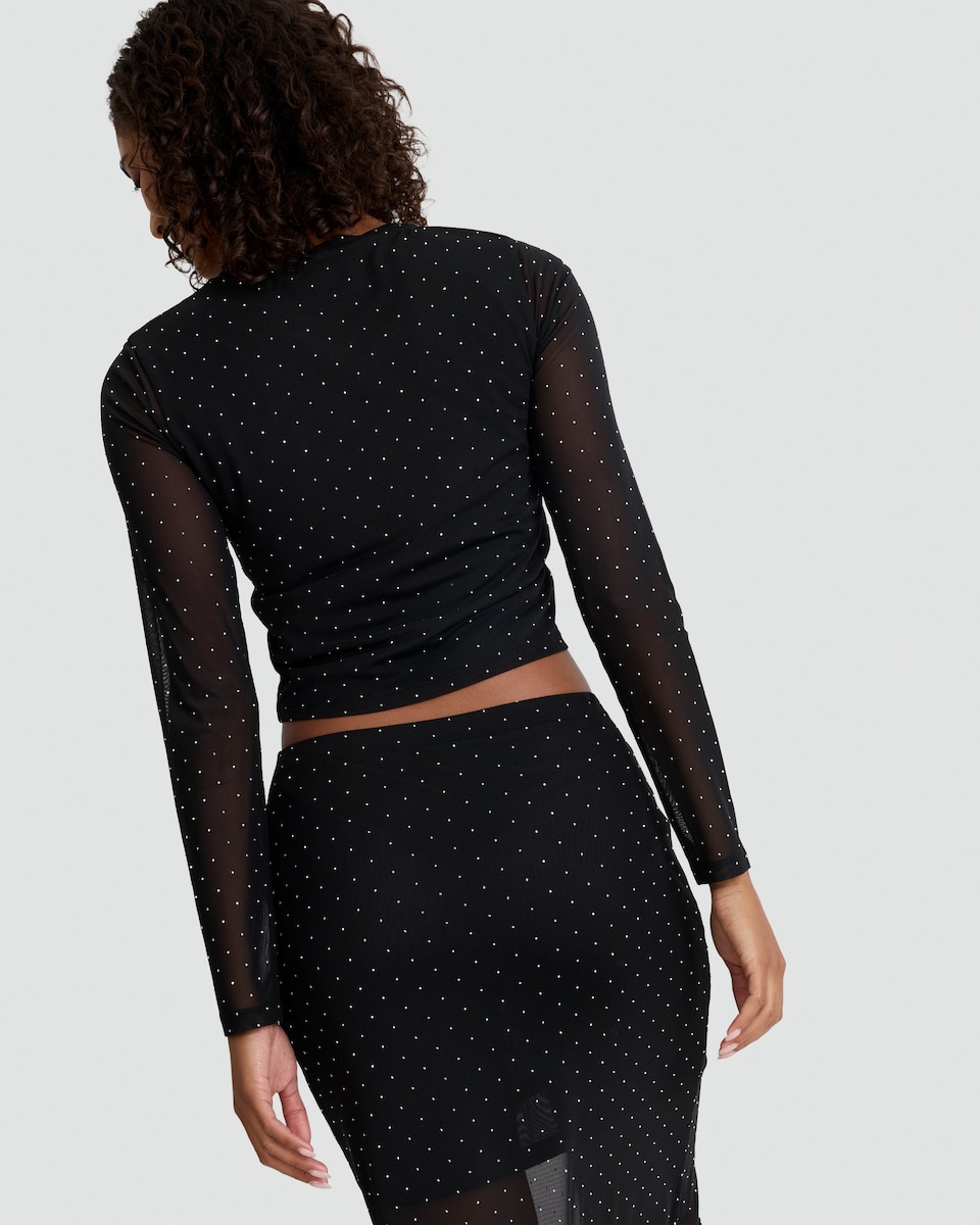 image 1 of OH ME OH MY Mesh Sleeve Embellished Co-ord Top in Black
