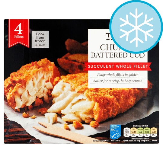 Tesco 4 Battered Chunky Cod Fillets 500G Tesco Groceries