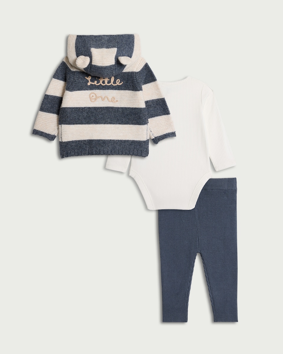 image 1 of F&F Baby 3-Piece Striped Knitted Cardigan, Bodysuit and Legging Set in Blue