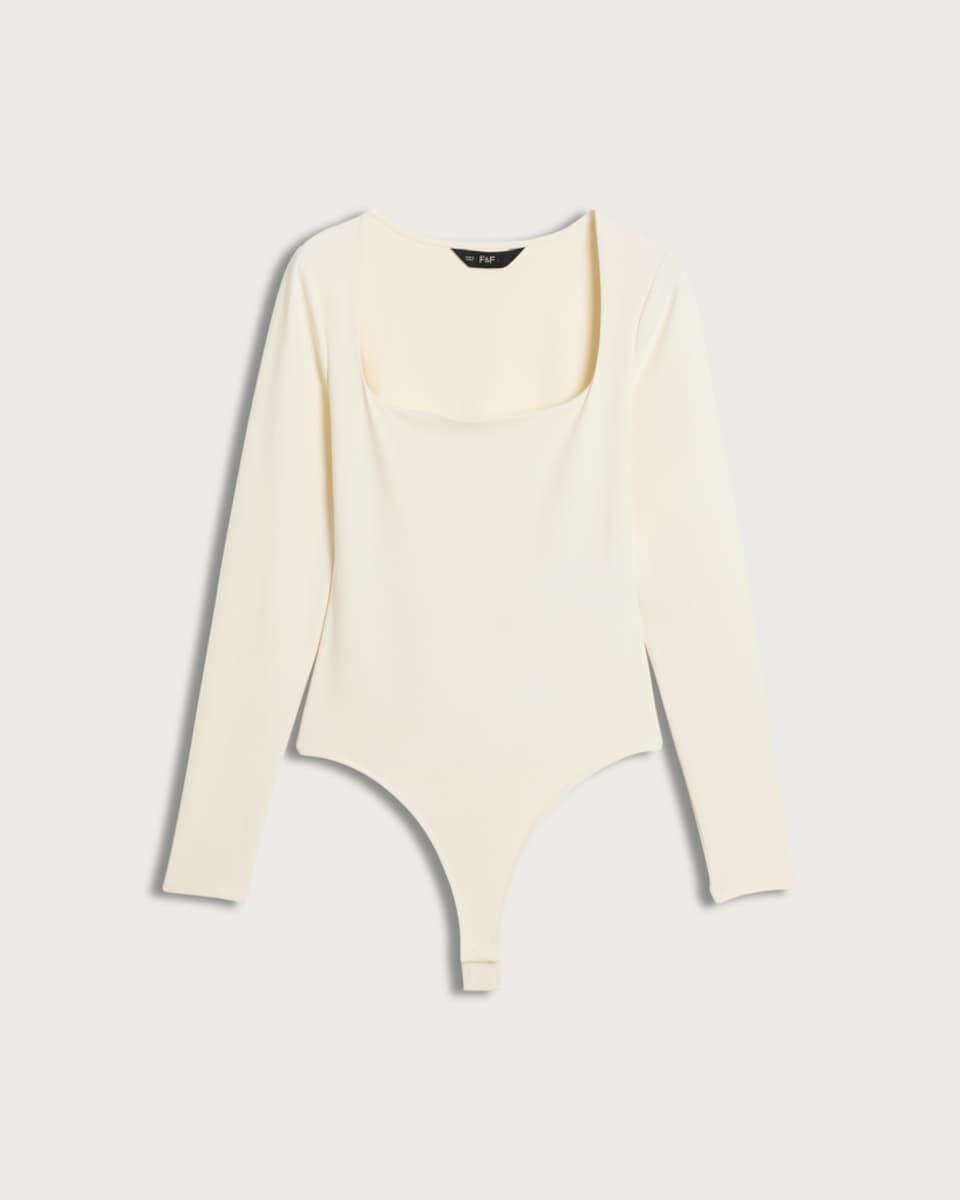 F&F Polyamide Square Neck Long Sleeved Bodysuit in Cream